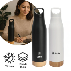Garrafa Térmica em Inox/Bambu 500ml Personalizada