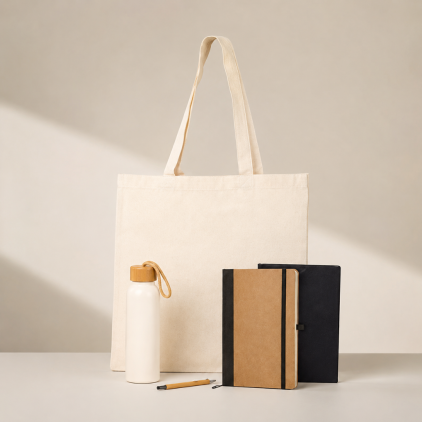 Kit Sustentável Sacola, Garrafa e Caderno Personalizado